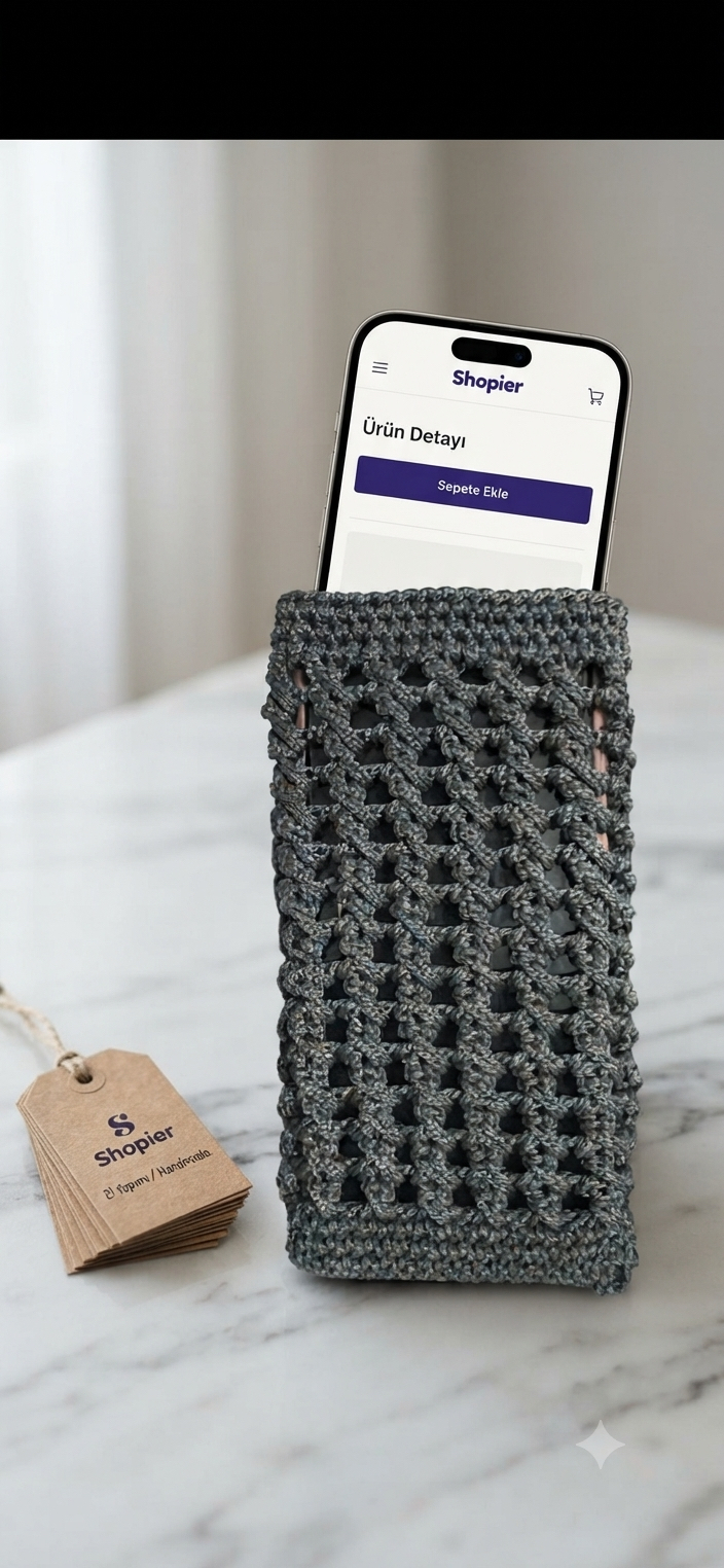 El Örgüsü Antrasit Telefon Kılıfı | Handmade Crochet Phone Sleeve