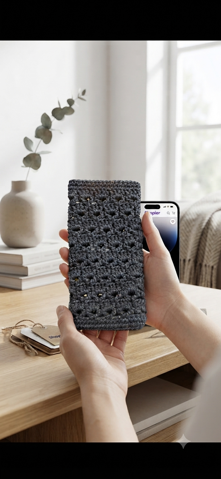 El Örgüsü Antrasit Telefon Kılıfı | Handmade Crochet Phone Sleeve