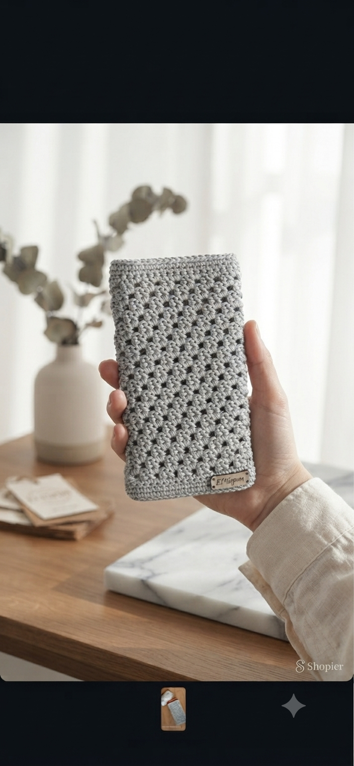 El Örgüsü Krem Telefon Kılıfı | Handmade Crochet Phone Sleeve