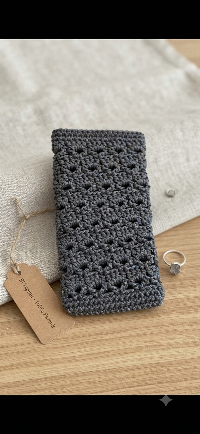 El Örgüsü Antrasit Telefon Kılıfı | Handmade Crochet Phone Sleeve