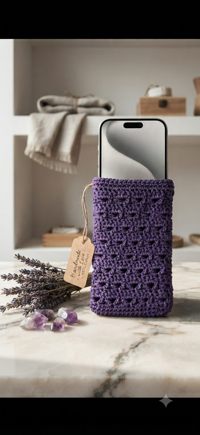 El Örgüsü Mor Telefon Kılıfı | Handmade Crochet Phone Sleeve