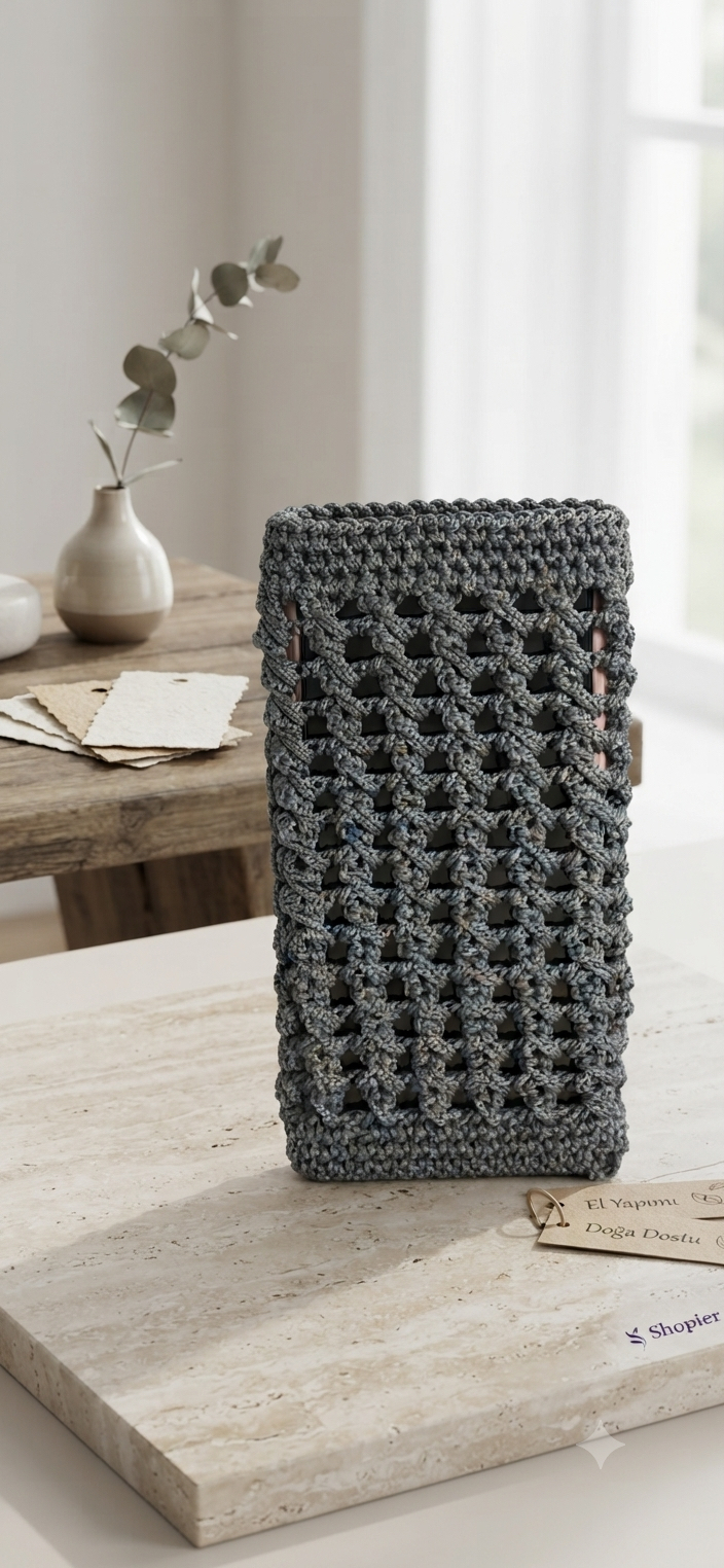 El Örgüsü Antrasit Telefon Kılıfı | Handmade Crochet Phone Sleeve