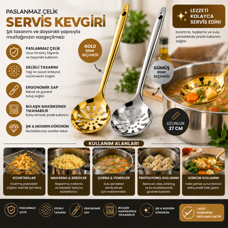 Paslanmaz Çelik Servis Kevgiri 27 CM – Delikli Uzun Saplı Süzgeç Kaşık