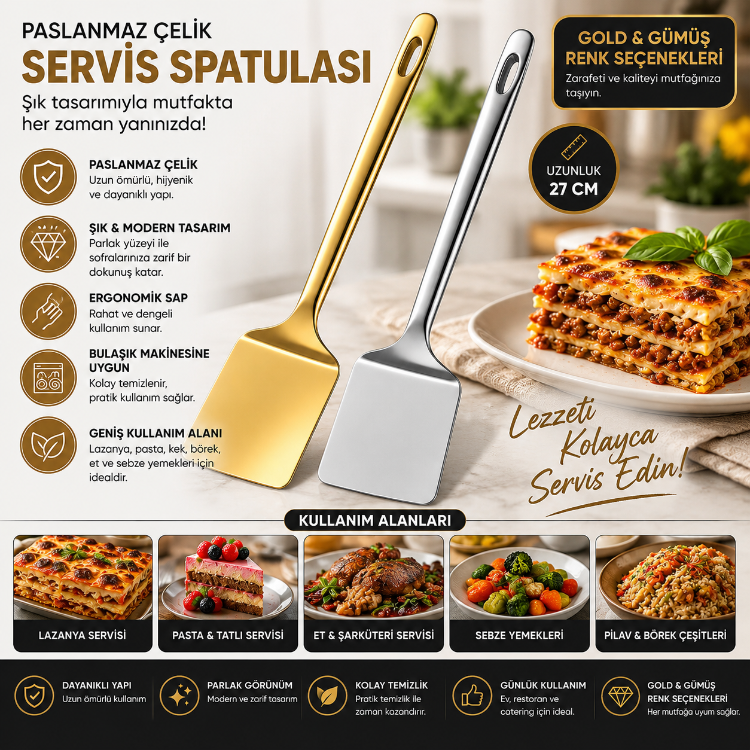 Paslanmaz Çelik Servis Spatulası 27 cm – Gold & Gümüş Renk Seçenekli