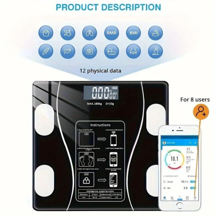 Akıllı Cam Dijital Baskül 180 KG Kapasiteli Bluetooth Bağlantılı