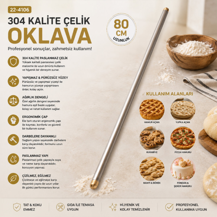 80 CM Lux Metal Oklava – Çelik Hamur Açma Oklavası