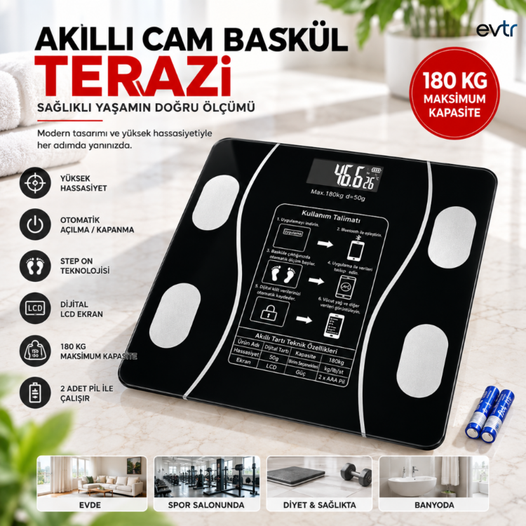 Akıllı Cam Dijital Baskül 180 KG Kapasiteli Bluetooth Bağlantılı