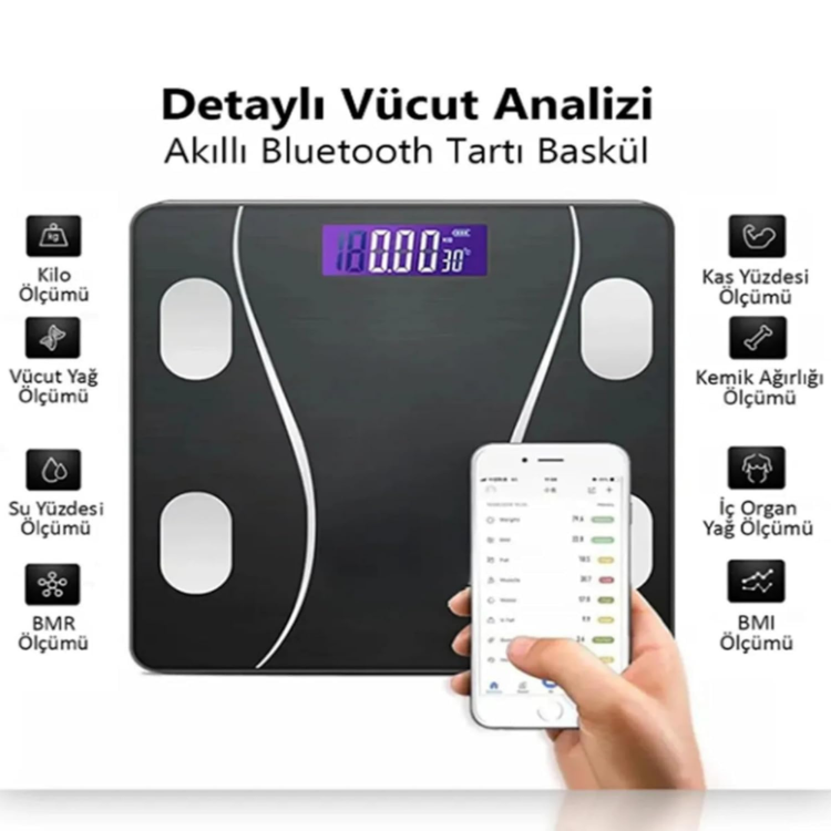 Akıllı Cam Dijital Baskül 180 KG Kapasiteli Bluetooth Bağlantılı