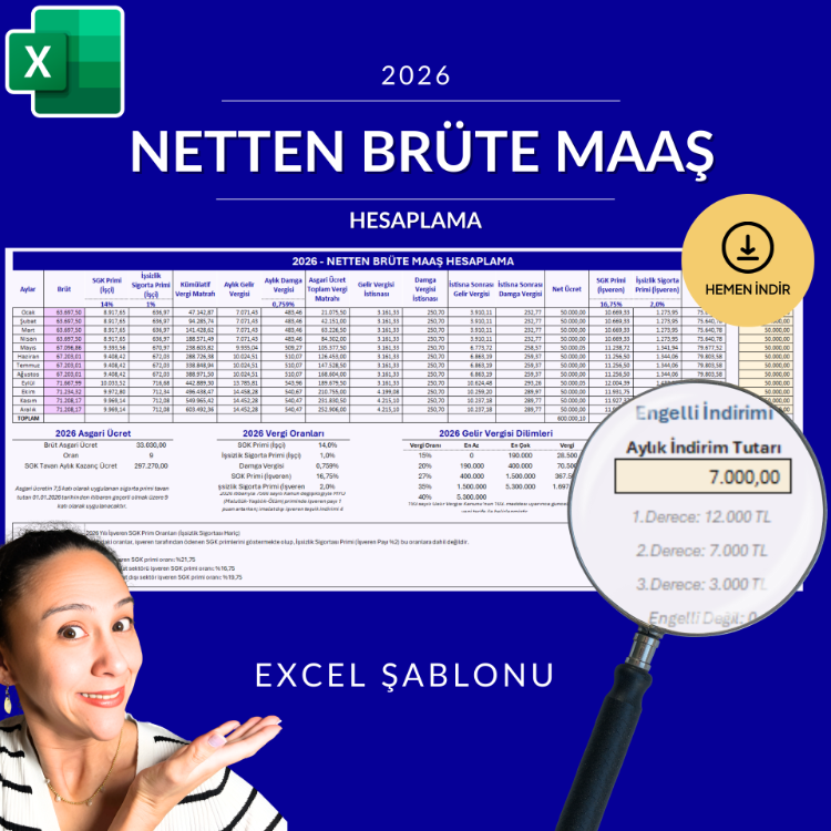 2026 Netten Brüte Maaş Hesaplama Excel Şablonu (Engelli İndirimli) - HEMEN İNDİRİLEBİLİR