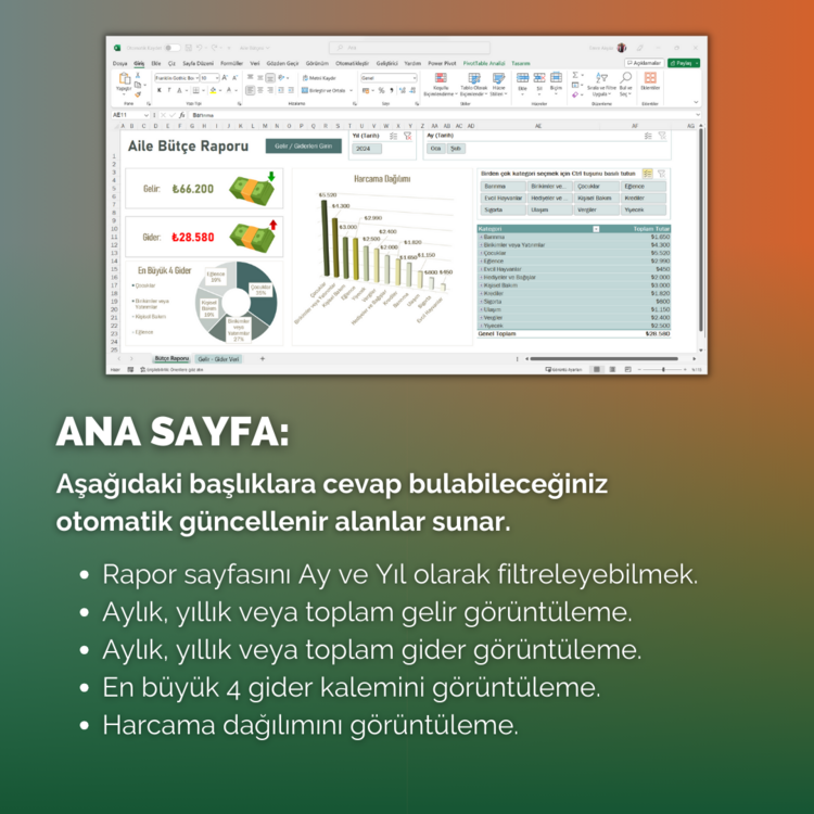 Excel Aile Bütçesi Takip Programı | DashBoard ve Grafikler