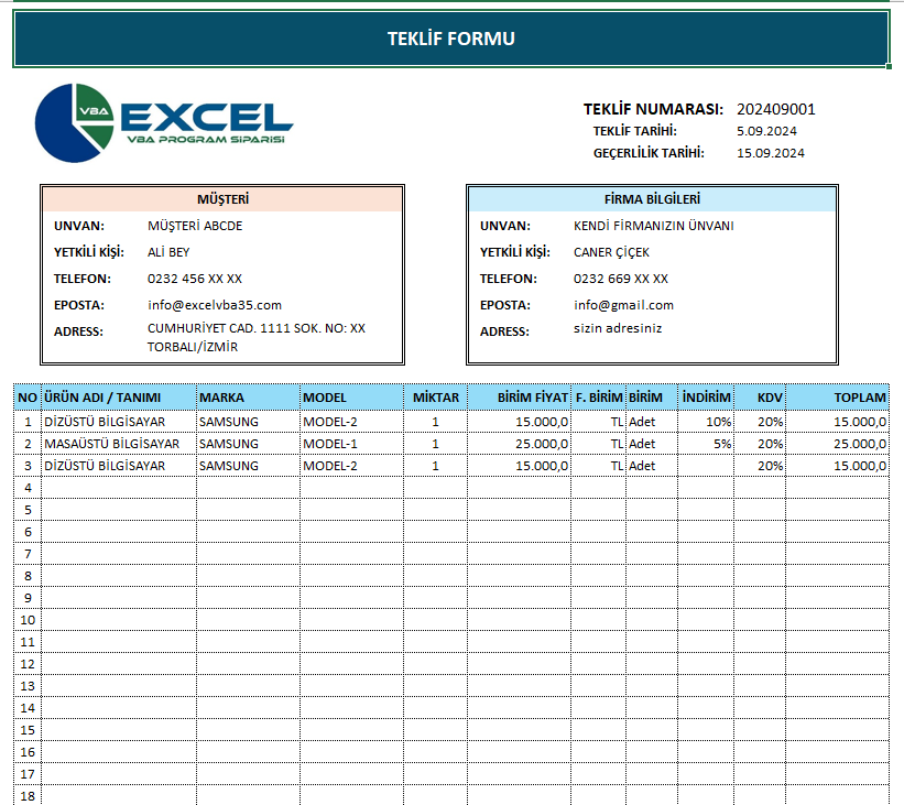 EXCEL TEKLİF FORMU (EĞİTİM VİDEOSU DOSYASI)