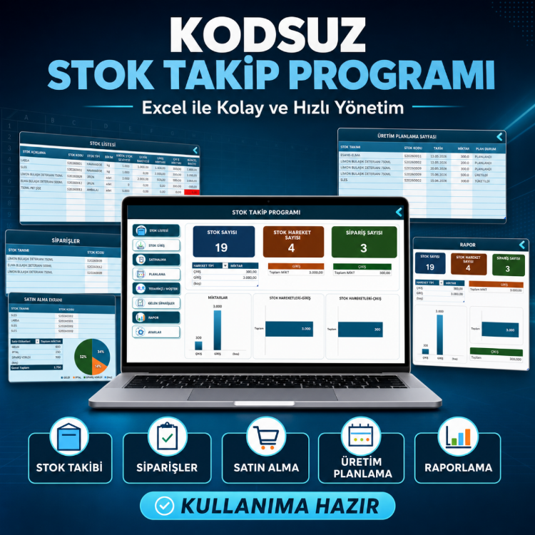 Excel Stok Takip Programı | Stok, Sipariş, Satın Alma ve Üretim Yönetimi (Düzenlenebilir)
