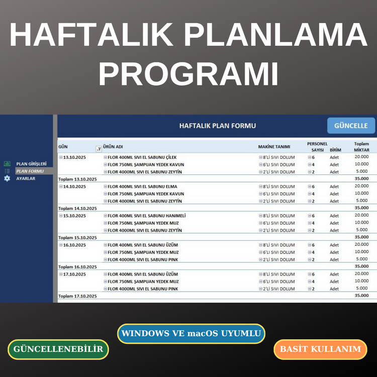 Excel Haftalık Plan Programı – Güncellenebilir & Kolay Kullanım