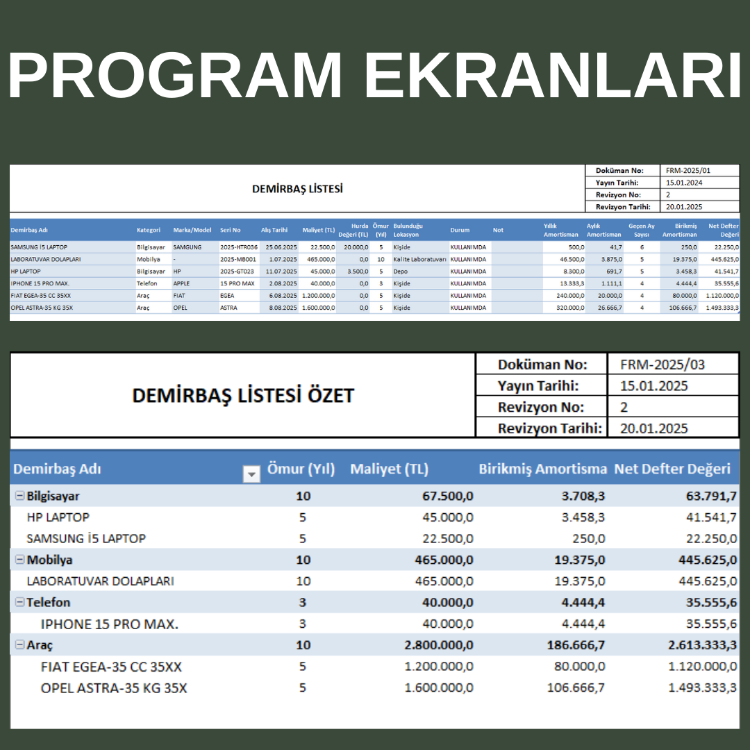 Demirbaş – Envanter Takip Programı | Excel Amortisman & Zimmet Takibi | Dashboard Raporlama