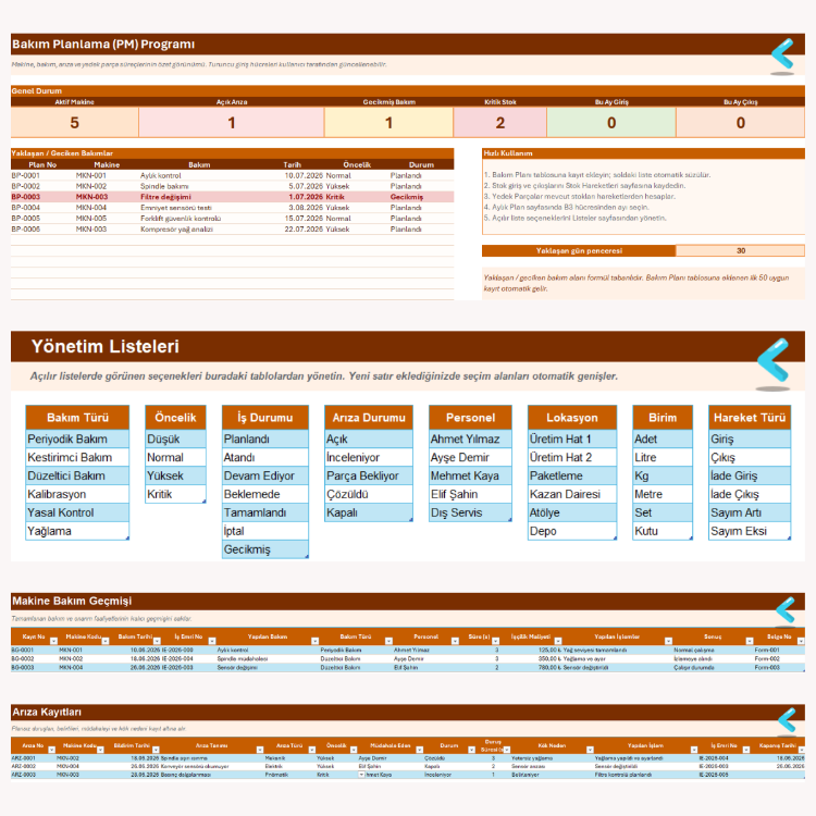 Bakım Planlama PM Programı | Excel Bakım Takip Şablonu | Windows ve macOS Uyumlu