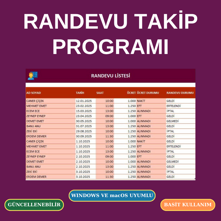 Randevu Takip Programı (Excel Şablon) – Windows & macOS, Güncellenebilir