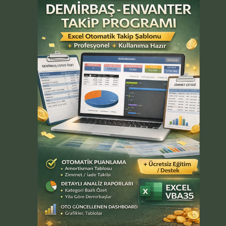 Demirbaş – Envanter Takip Programı | Excel Amortisman & Zimmet Takibi | Dashboard Raporlama