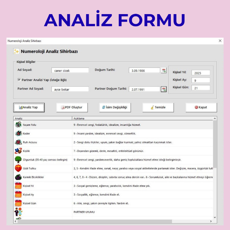 Excel Numeroloji Analiz Aracı (Ruh Kodları)