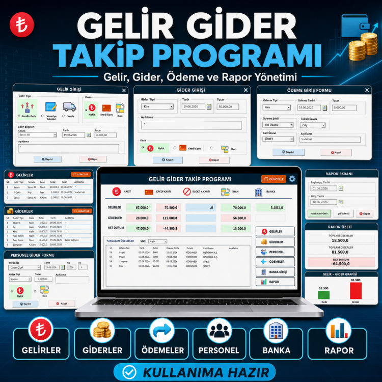 Gelir Gider Takip Programı | Ödeme, Personel, Banka ve Rapor Yönetimi