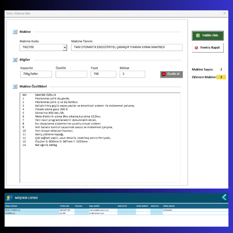 Excel Makine Teklifi Hazırlama Programı-Profesyonel