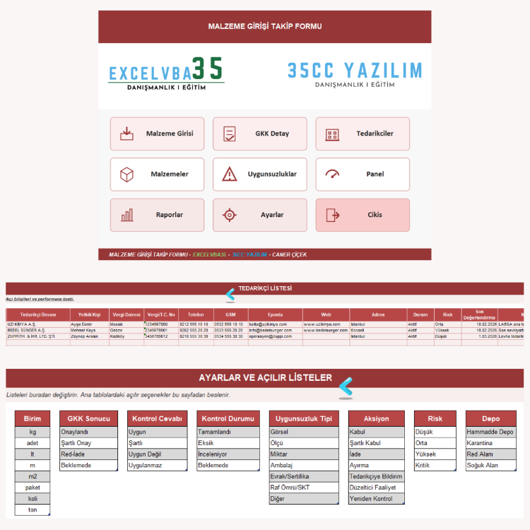 Excel Giriş Kalite Kontrol Programı | Malzeme, Tedarikçi ve Uygunsuzluk Takibi
