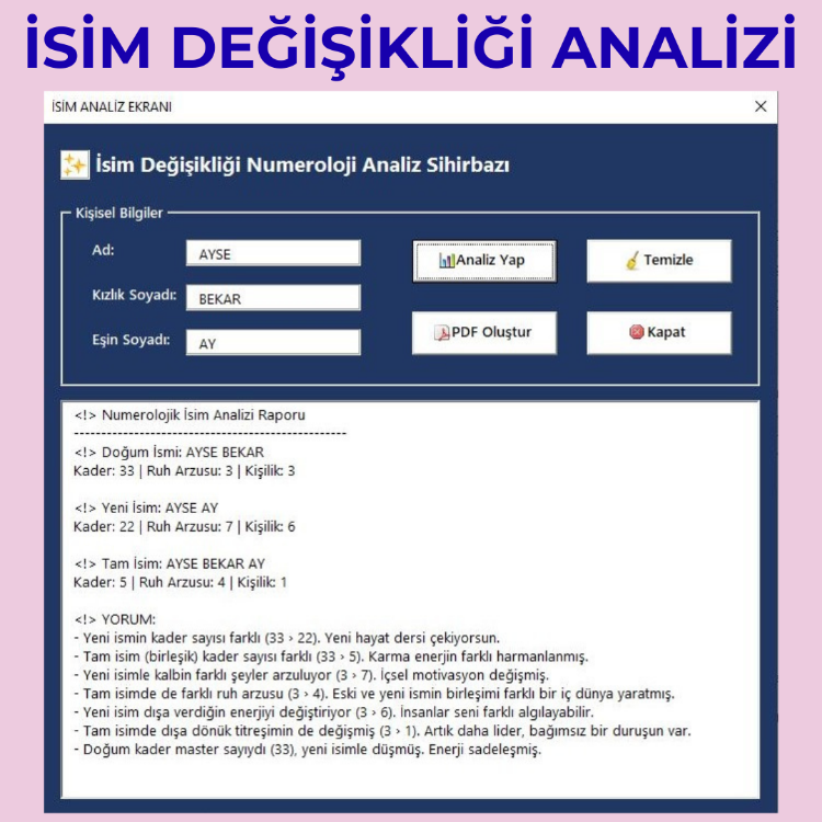 Excel Numeroloji Analiz Aracı (Ruh Kodları)