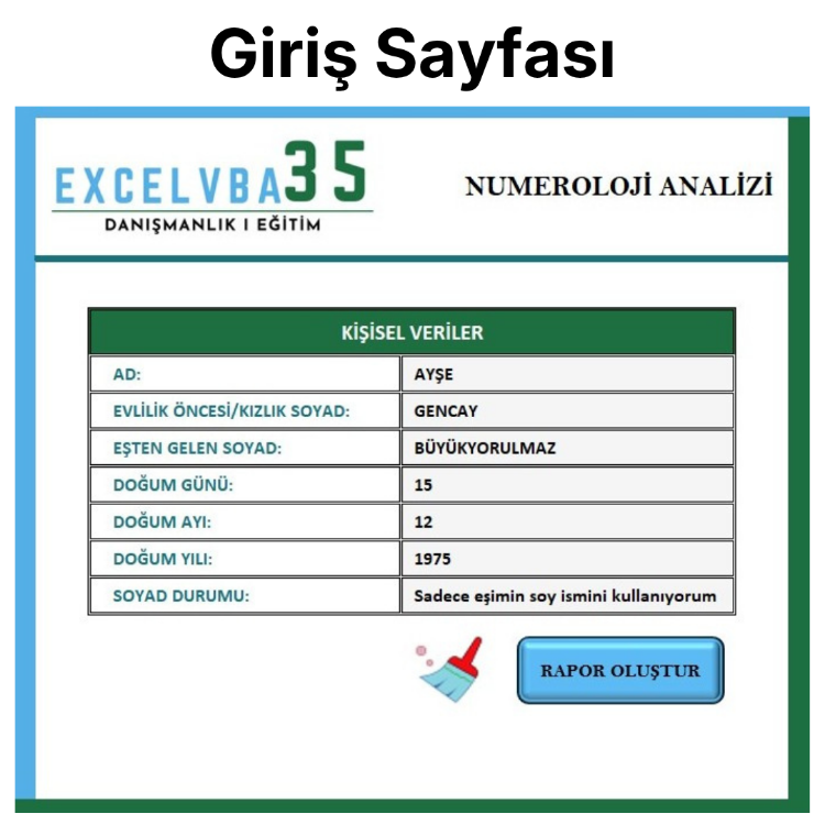 Excel Numeroloji Analiz Programı | İsim & Doğum Tarihi Analizi + İsim Değişikliği Raporu