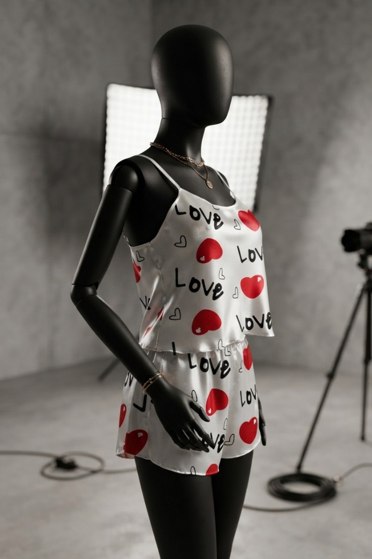 Love Desenli Beyaz Saten Şortlu Gecelik Takım EXVY1334