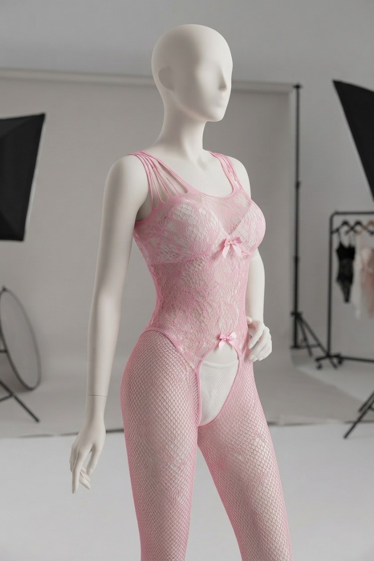 Pembe Askılı Dantel Detaylı File Vücut Çorabı EXVY1453