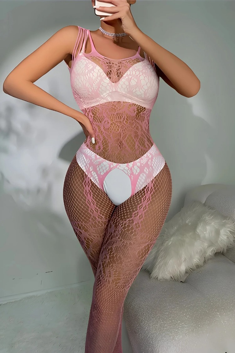 Pembe Askılı Dantel Detaylı File Vücut Çorabı EXVY1453