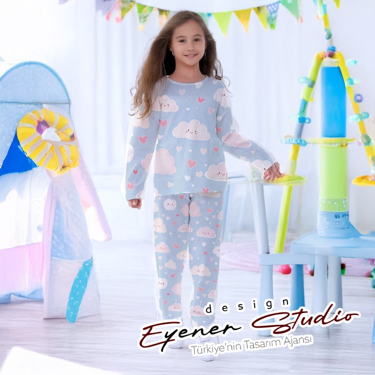 El Çizimi Etkili Bulut Deseni | Çocuk Pijamasına Uygun