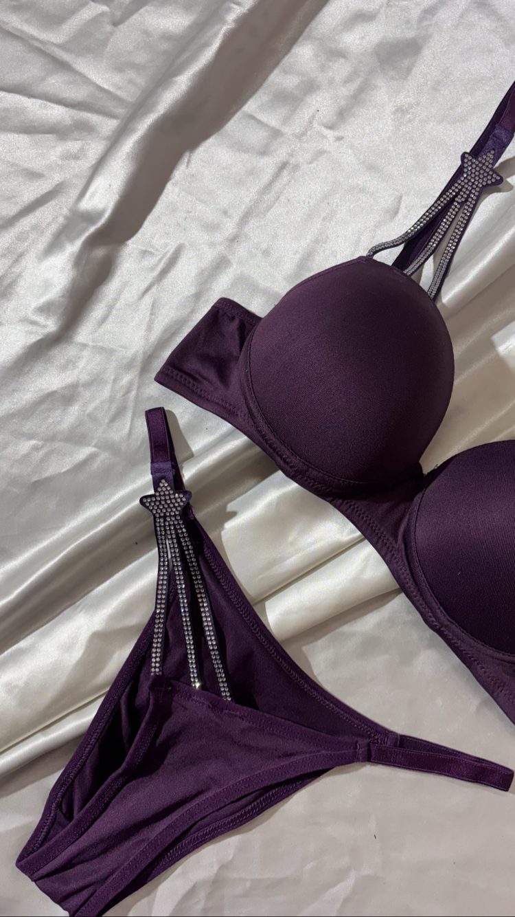 Mor  yıldız detaylı push-up dolgulu sütyen takımı 