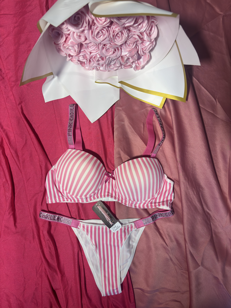 Pembe çizgili taş detaylı  push-up dolgulu sütyen takımı 