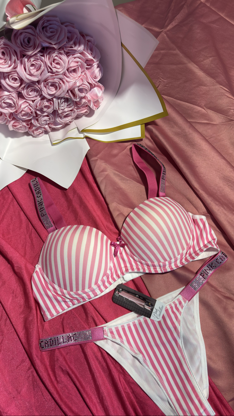 Pembe çizgili taş detaylı  push-up dolgulu sütyen takımı 