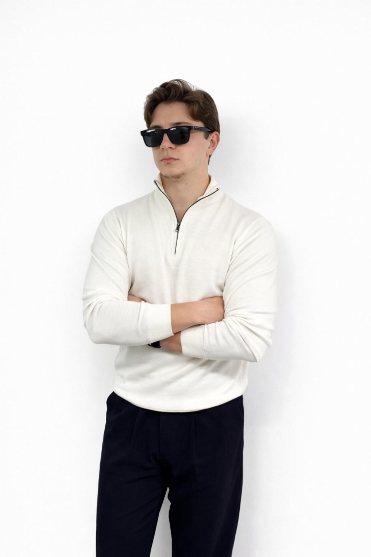 Erkek Beyaz Half Zip Kazak