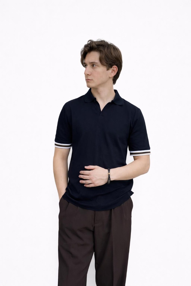 Erkek Koyu Lacivert Kol Desenli Polo T-Shirt