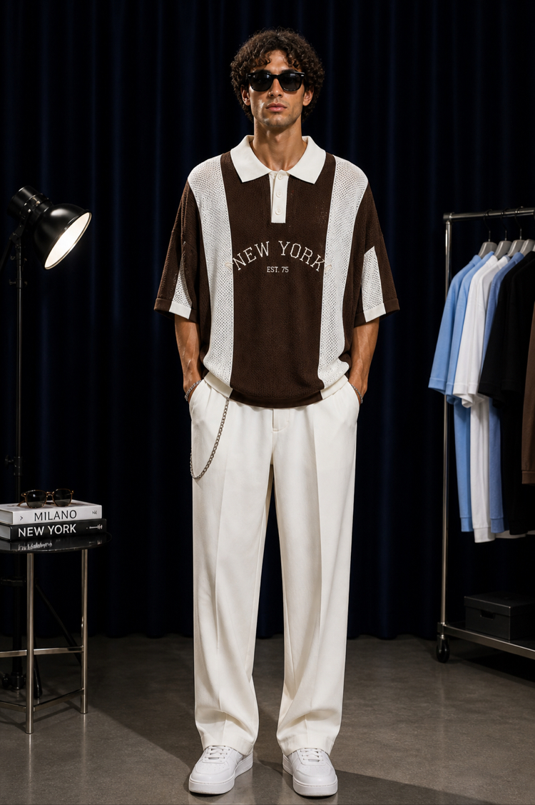 Oversize Delikli Triko Polo – Kahverengi