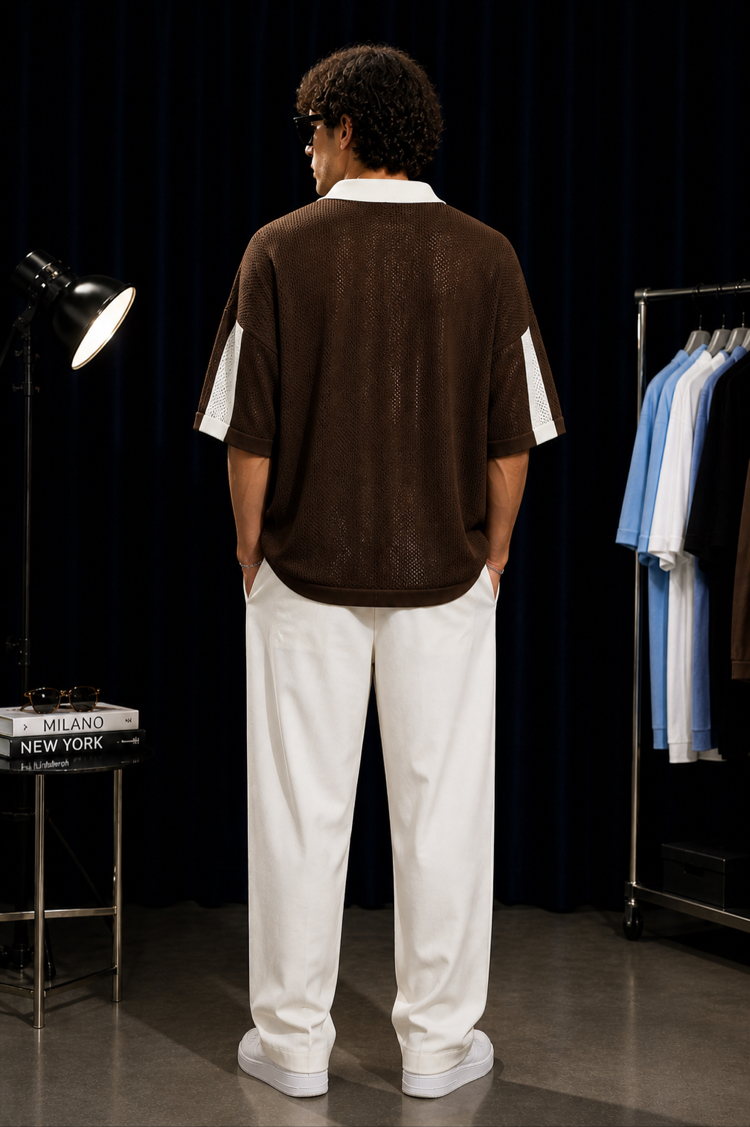 Oversize Delikli Triko Polo – Kahverengi
