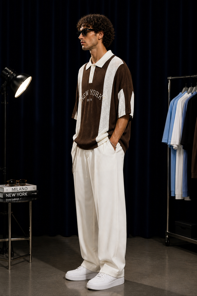 Oversize Delikli Triko Polo – Kahverengi
