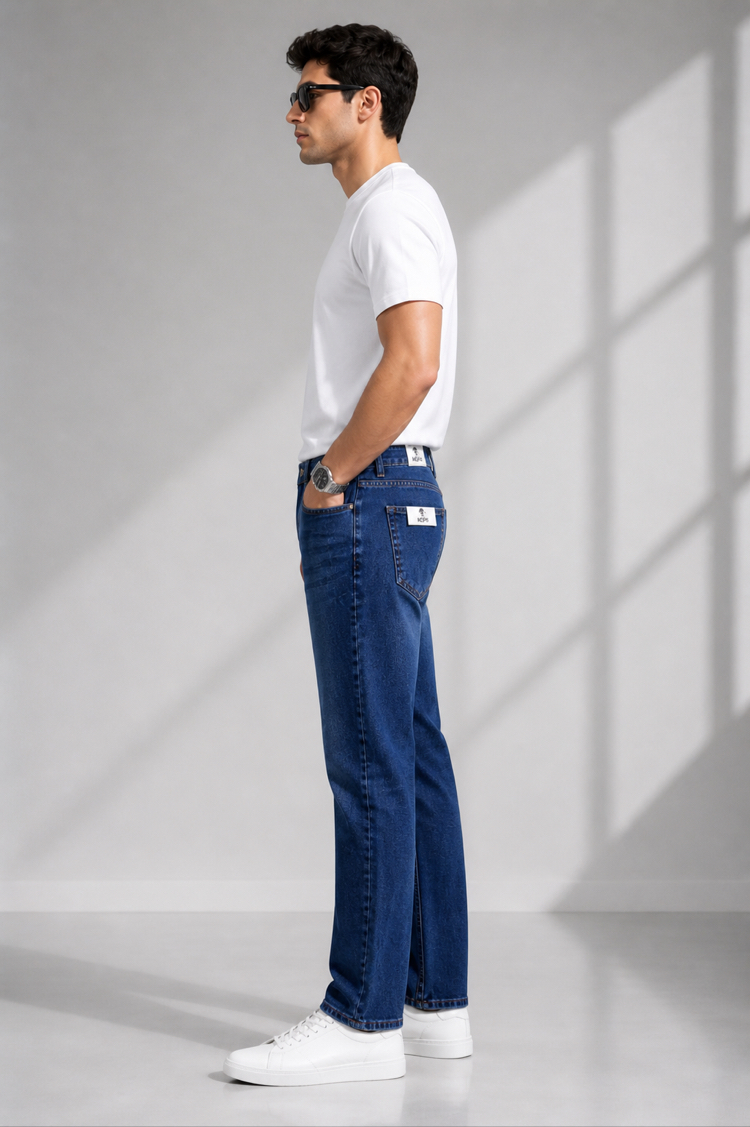 Orta/Koyu Mavi Kot Pantolon – Regular Fit / Düğmeli Model