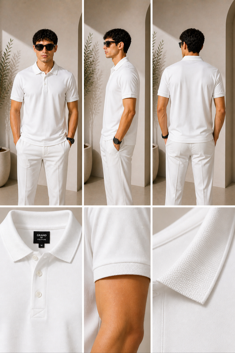 Premium Basic Polo Yaka Tişört – Beyaz parlak yala modeli