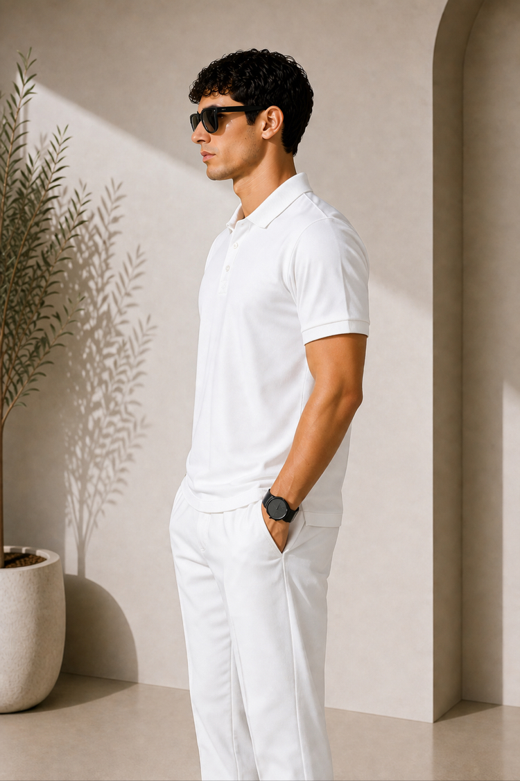 Premium Basic Polo Yaka Tişört – Beyaz parlak yala modeli