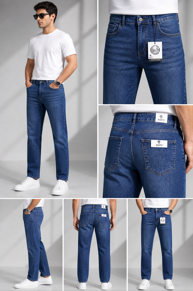 Orta/Koyu Mavi Kot Pantolon – Regular Fit / Düğmeli Model
