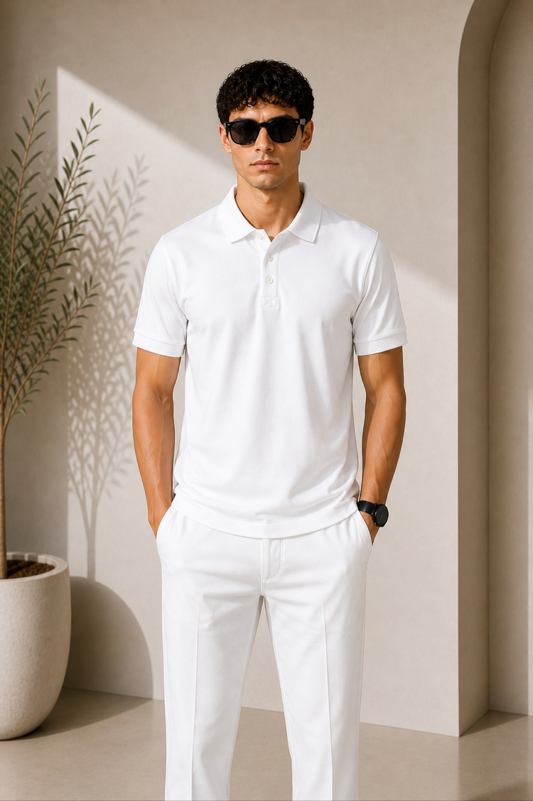 Premium Basic Polo Yaka Tişört – Beyaz parlak yala modeli