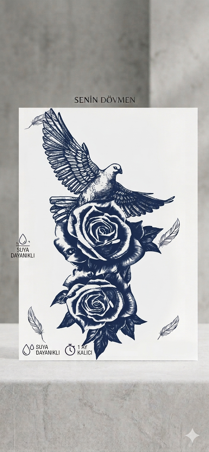 Özgürlüğün Gülü” – Uçan Güvercin ve Gül Geçici Dövme (11x18 cm)