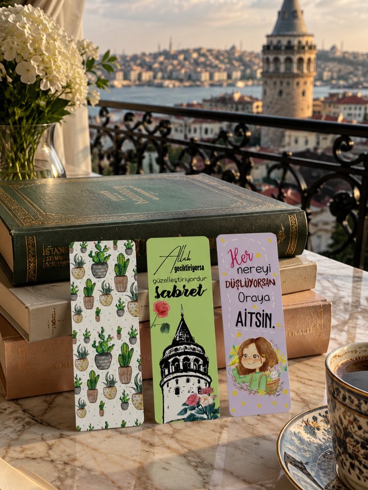 3 lü Kitap Ayracı Galata kulesi, kaktüslü