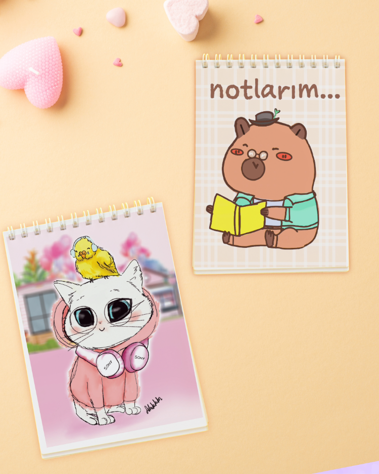 İkili Sevimli Mini Defter Seti – Çizgisiz 44 Sayfa | Şirin Kedi ve Capybara Temalı Not Defteri