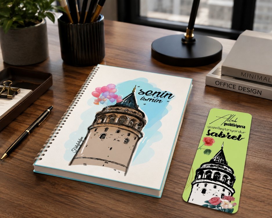 İsme özel Galata çizimli baskı defter ve ayraç
