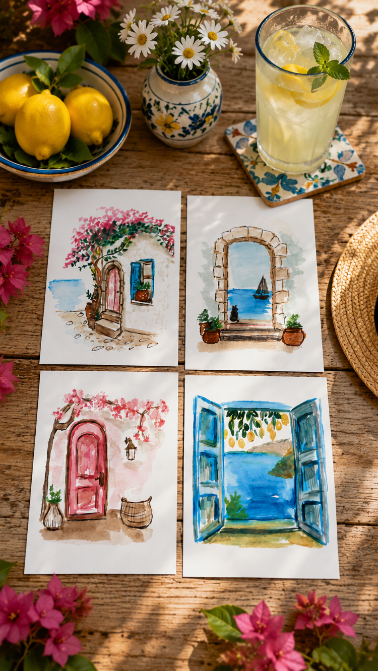 Yaz Koleksiyonu 4’lü Kartpostal Ayraç A5 Kart Sticker Seti – Yaz Temalı Hediyelik