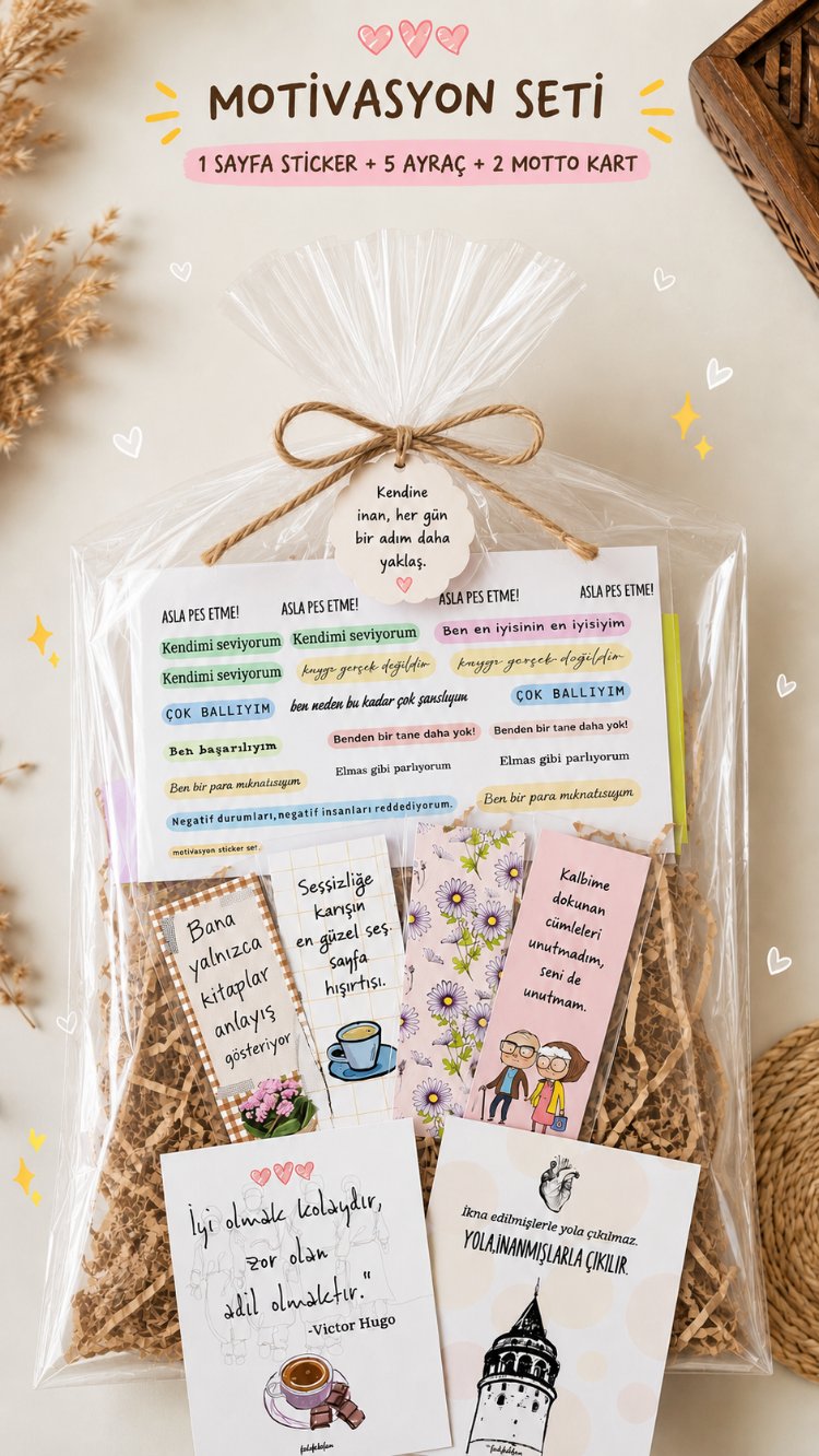 Güçlenme Seti | Motivasyon Sticker Seti, Kitap Ayracı ve Motto Kartları Hediye Kutusu